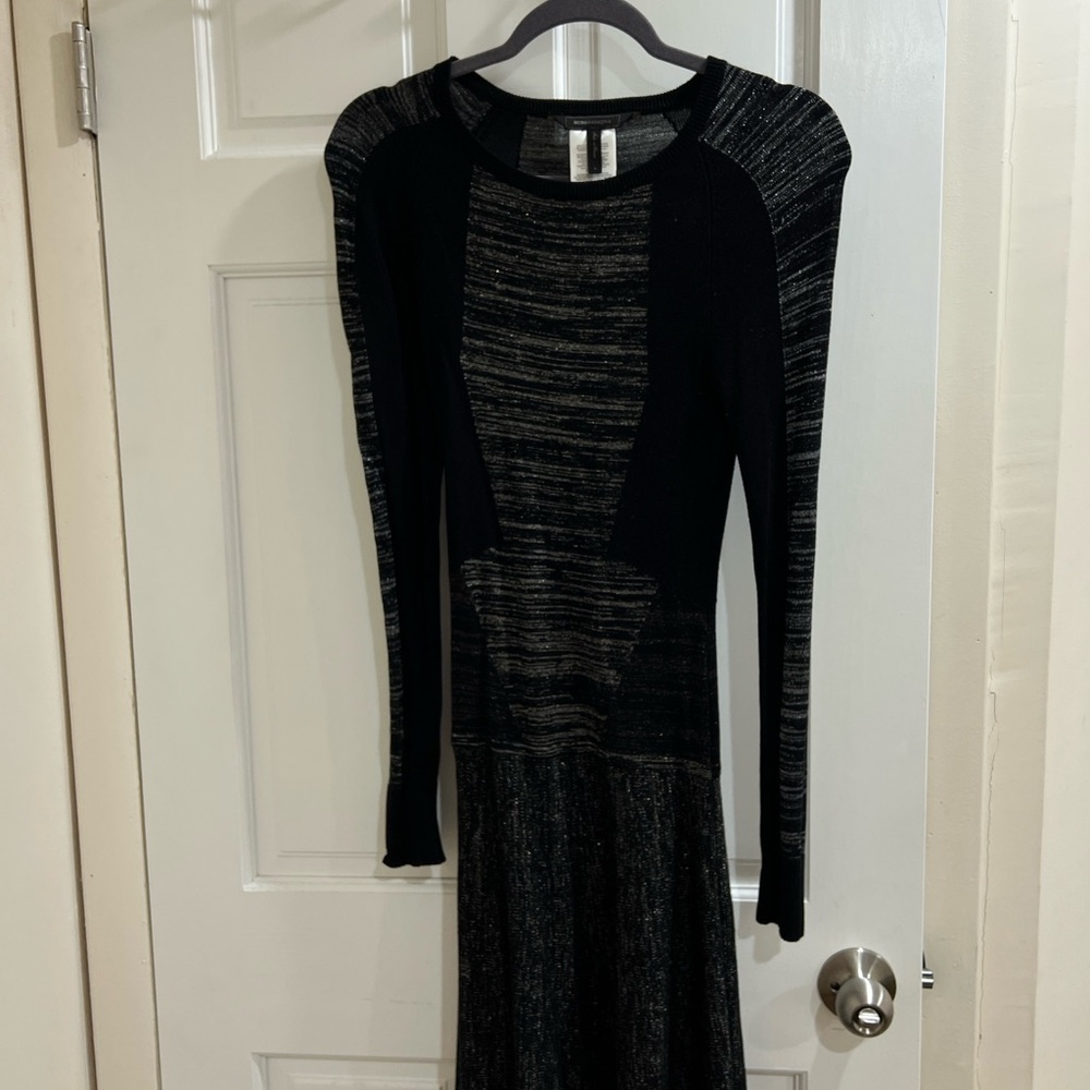 BCBGMaxAzria Black and Silver Long Sleeve Dress